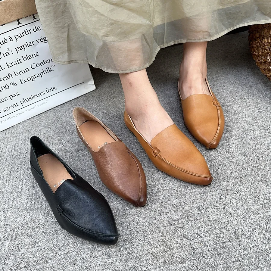 Birkuir Pointed Toe Loafers Women Flats Shoes Retro Genuine Leather Comfort Casual Shoes Closed Toe Soft Soles Ladies Shoes