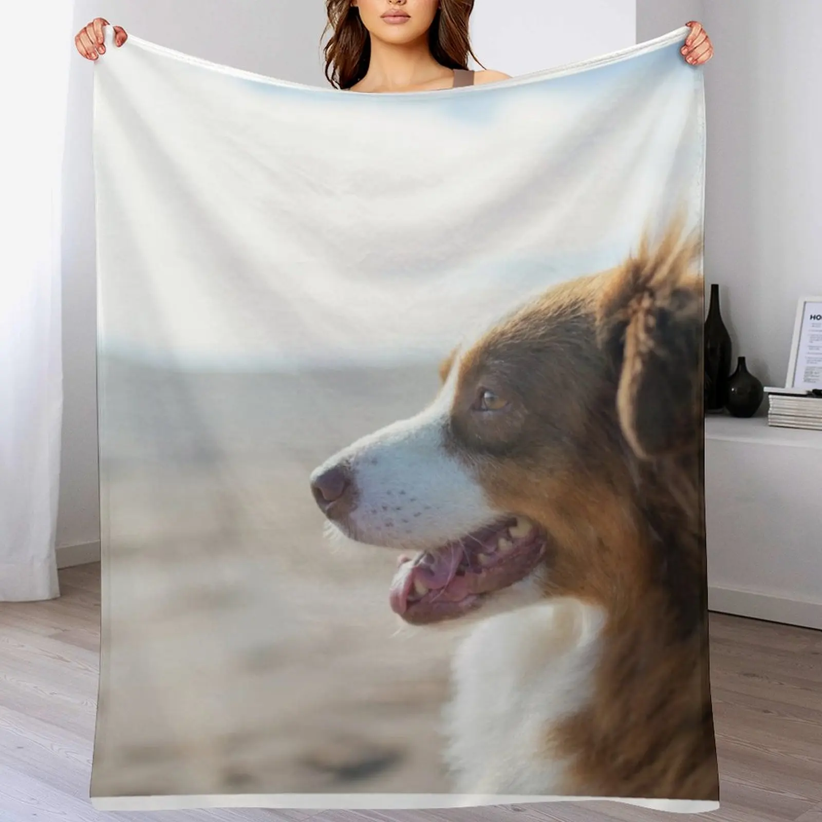 

Australian Shepherd At The Beach Throw Blanket Custom Picnic Flannel manga Blankets