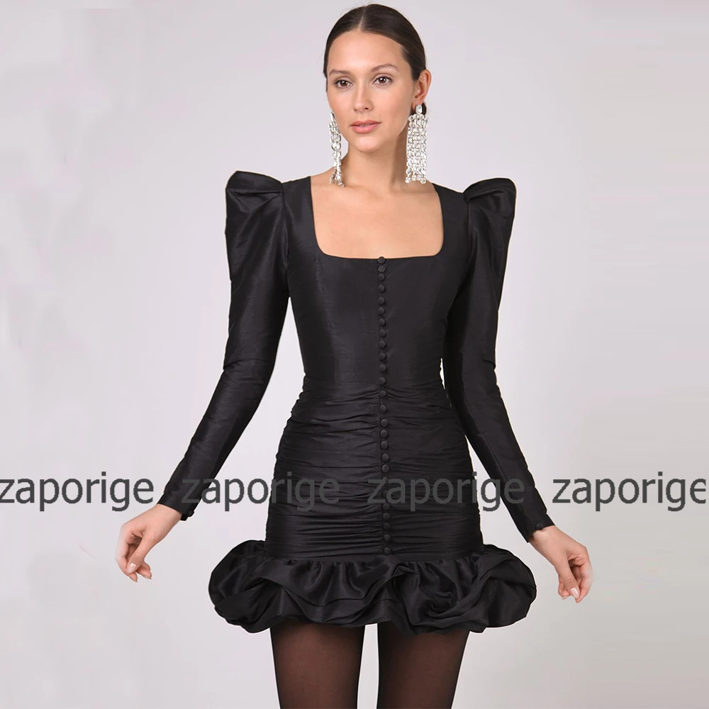 Elegant Women's Cocktail Party Dress Satin Green Button Pleat Ruffles Prom Column&Sheath Square Neck Dress Mini image 4