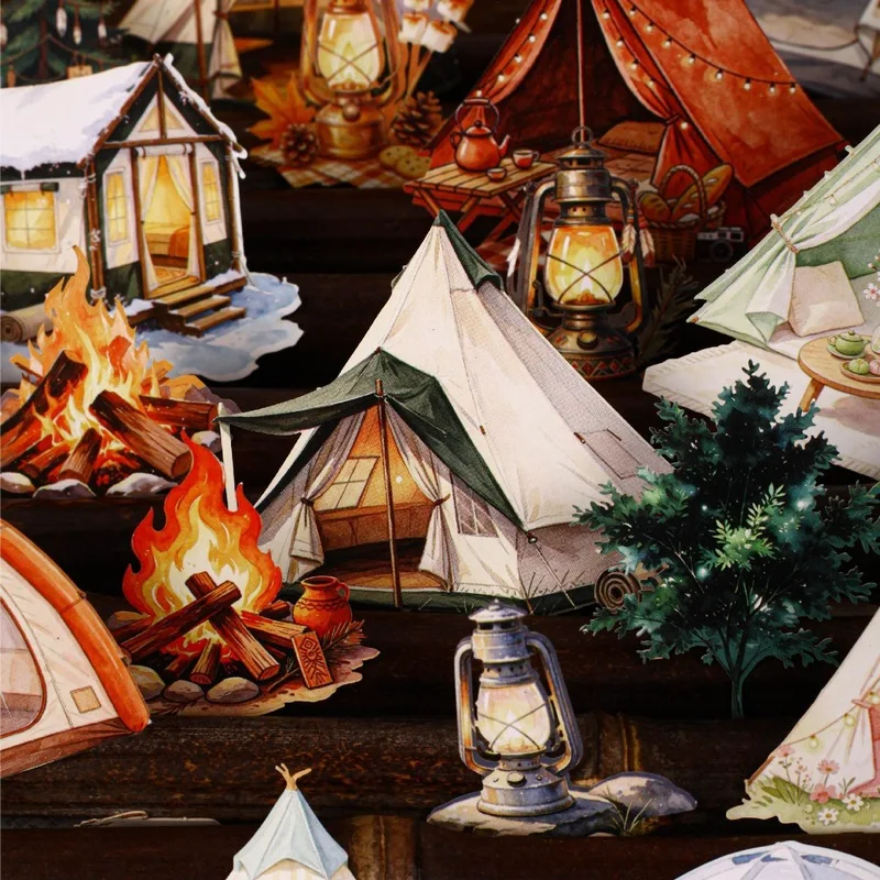10 Sheets Camping Tent Hard Card Stickers, Outdoor Camp Themed Die Cut Stickers for Journal Layout, Scrapbook Collage
