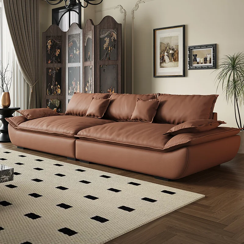 Leather Sofa Modern Simple Living Room Small Apartment Italian Minimalist First Layer Cowhide Retro Wind Sailboat Big Seat Deep