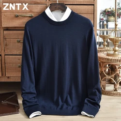 ZNTX-suéter de cachemira pura de lana fina para hombre, suéter de punto de cuello redondo de estilo fino, color sólido, base cálida y ajustada, otoño