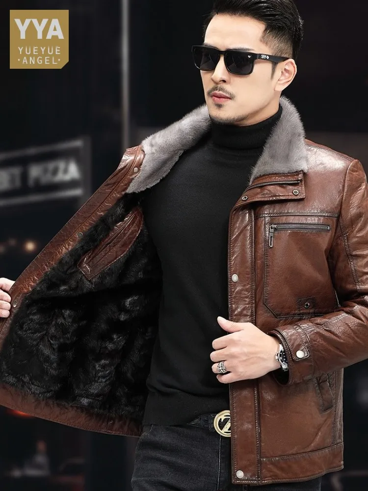 

New Winter Real Fur Oil Wax Sheepskin Genuine Leather Jacket Mink Fur Lining Warm Motorcycle Coats Business Casual Mens Overcoat