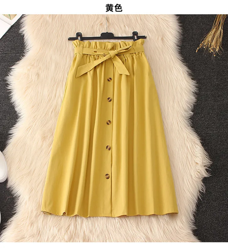 Summer Autumn Skirts Womens Midi Knee Length Korean Elegant Button High Waist Skirt Female Pleated School Skirt