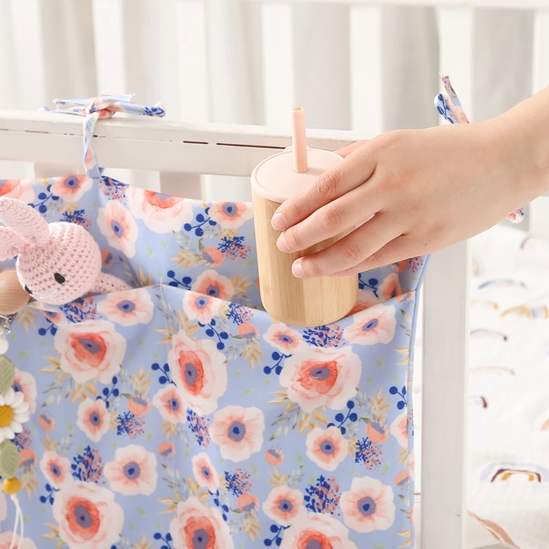 Portable Baby Crib Storage Bag Floral Large Capacity Hanging Crib Organizer Cotton Nursery Diaper Organizer For Baby Essentials