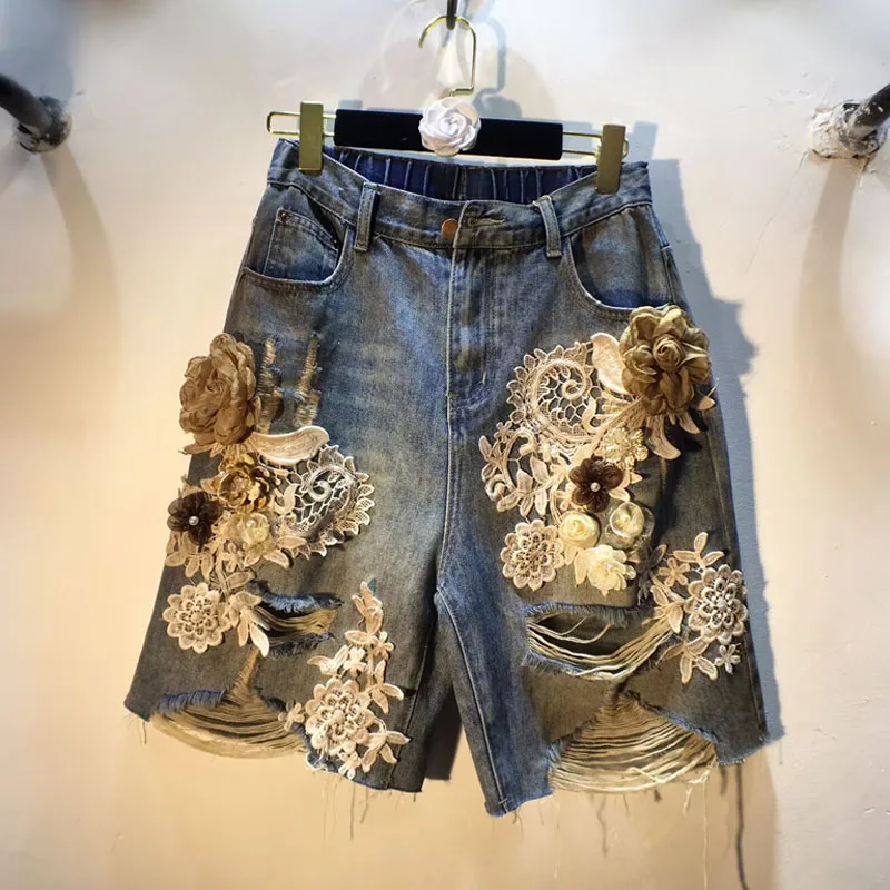 2025 Summer New Splicing Hollow Embroidered Lace Three-dimensional Flower High Waist Hole Denim Five-point Pants Women Shorts