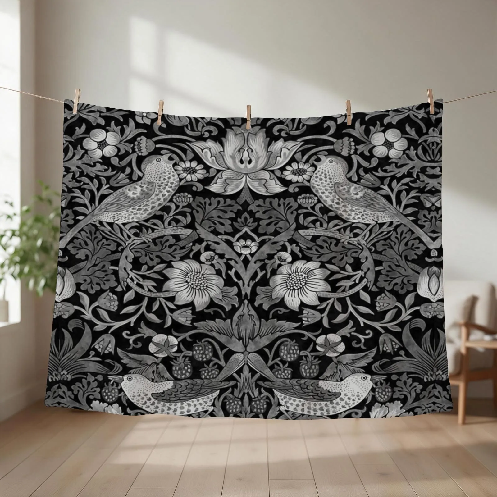 William Morris- strawberry thief,grey, white,black Throw Blanket couch cozy soft plush fuzzy picnic outdoor blanket