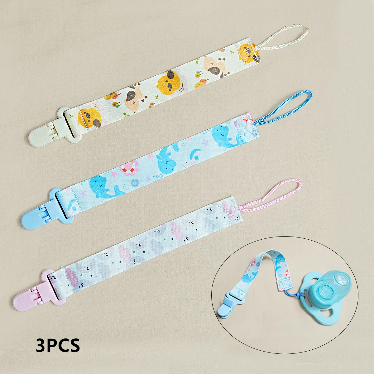 3PCS cartoon printed baby pacifier to prevent chain dropping; Baby gum toy anti fall rope hanging rope, bottle and nipple clip