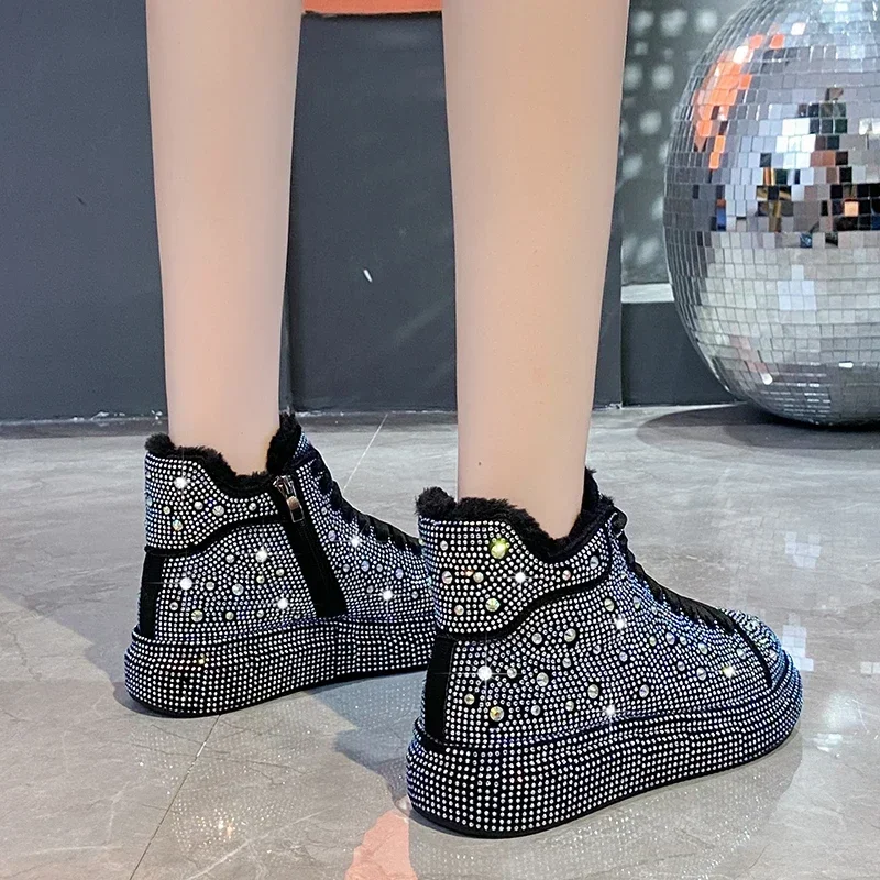 Fashion Sneakers Women Trend Autumn and Winter Platform Lace Up Rhinestone Women Casual Shoes Fashion Shiny Ladies Women\'s Boots