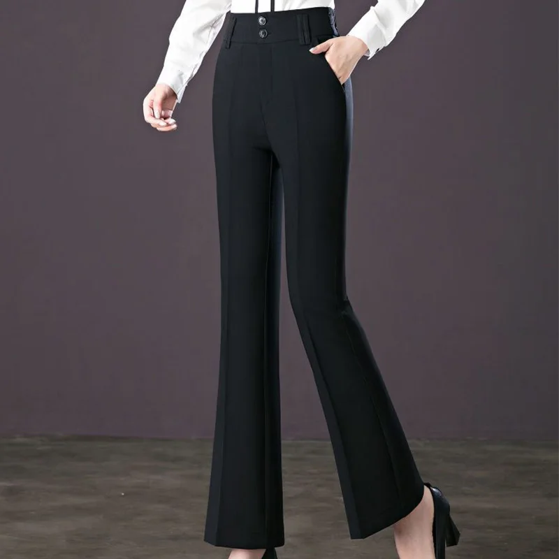 New 2023 Spring Summer Womens Button Pockets Black Versatile Trousers Office Lady Splicing Zipper High Waist Micro Horn Pants