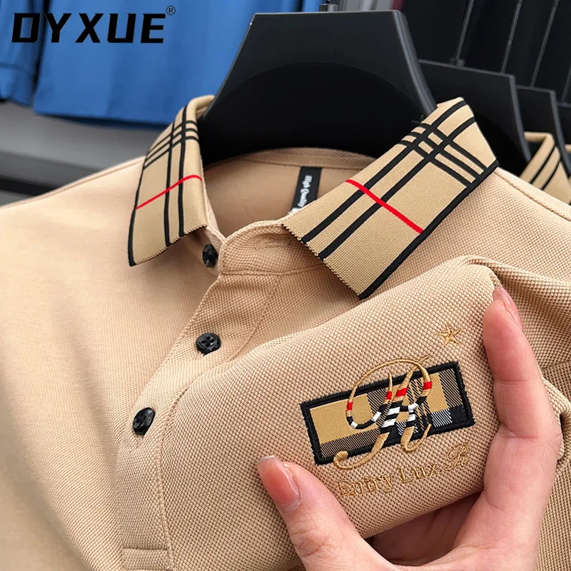 

DYXUE High-end Brand Cotton Autumn Lapel POLO Shirt Solid Color Business Casual Collar Plaid Print Men's Long-sleeved Top M-4XL