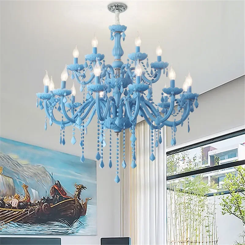 TINNY Blue Crystal Pendent Lamp Art Candle Lamp Children's Room Living Room Restaurant Bedroom Cafe Clothing Store Chandelier