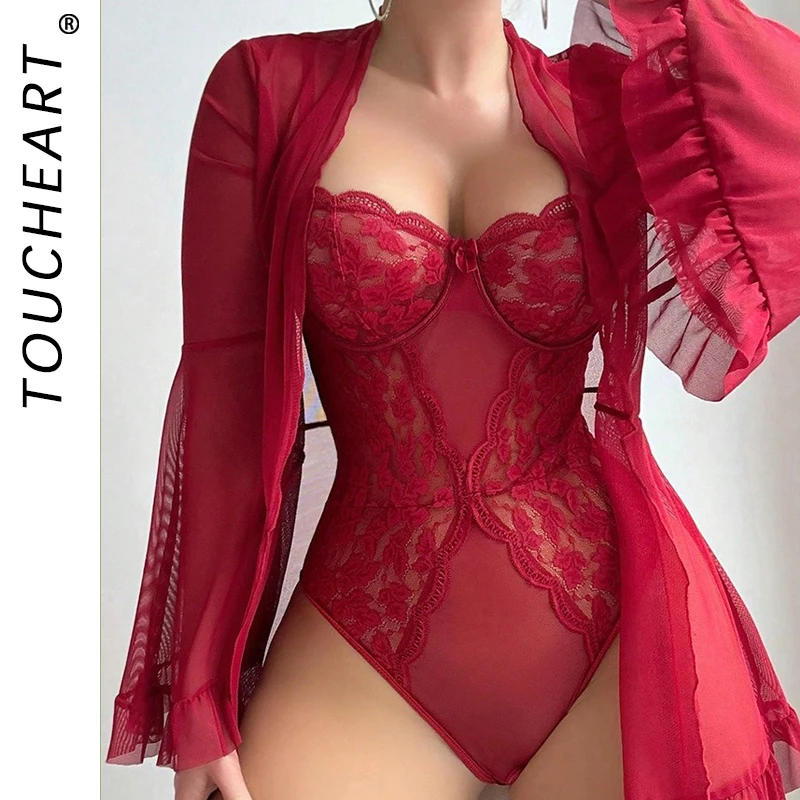 

Toucheart Sexy Pajamas Nightgowns for Women Solid Color Long Sleeves Lace Up Lace Perspective Jumpsuit Shawl Two-piece Set New