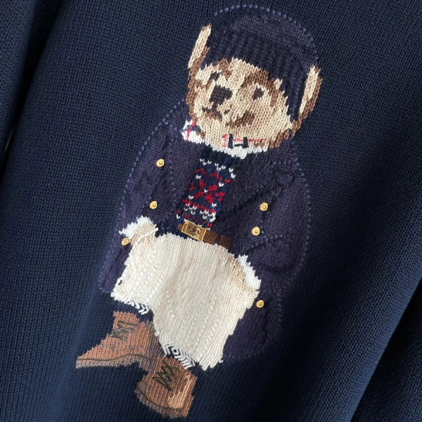 Pure Cotton Knitted Long Sve  Sweater Bear Embroidery Loose Fit round Ne Autumn Winter Faion Retro Sle Women's Top