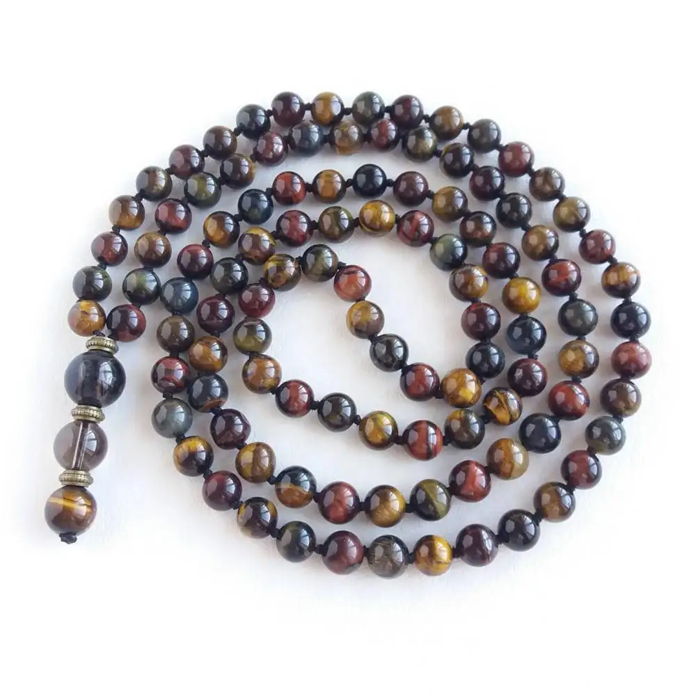Natural Multi-Color Tiger's Eye 108 Mala Beads Necklace Courage & Protection Healing Crystal Jewelry