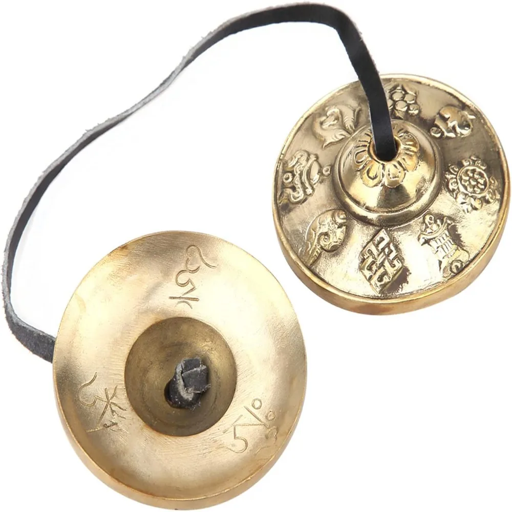 Brass Material Meditation Chime Bell 6.5 cm Diameter 8 Lucky Symbols Embossed Relaxation Musical Instruments Tingsha Cymbals