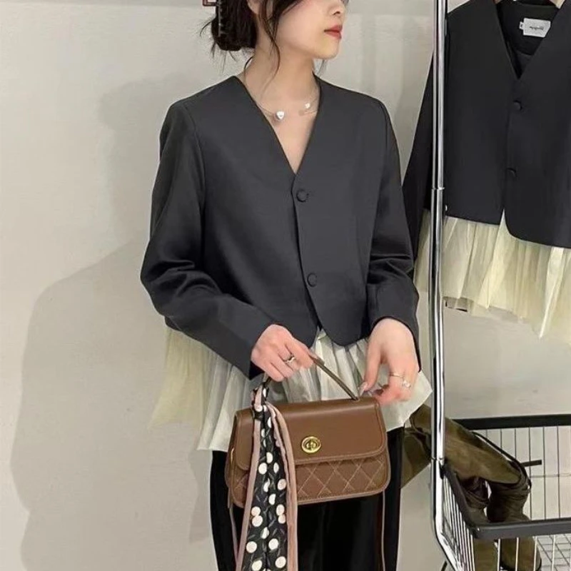 Spliced Casual Blazers Women Fake Two Piece Vintage Ladies Hotsweet Temper Elegant V-neck French Stylish Personal Fashion Ins