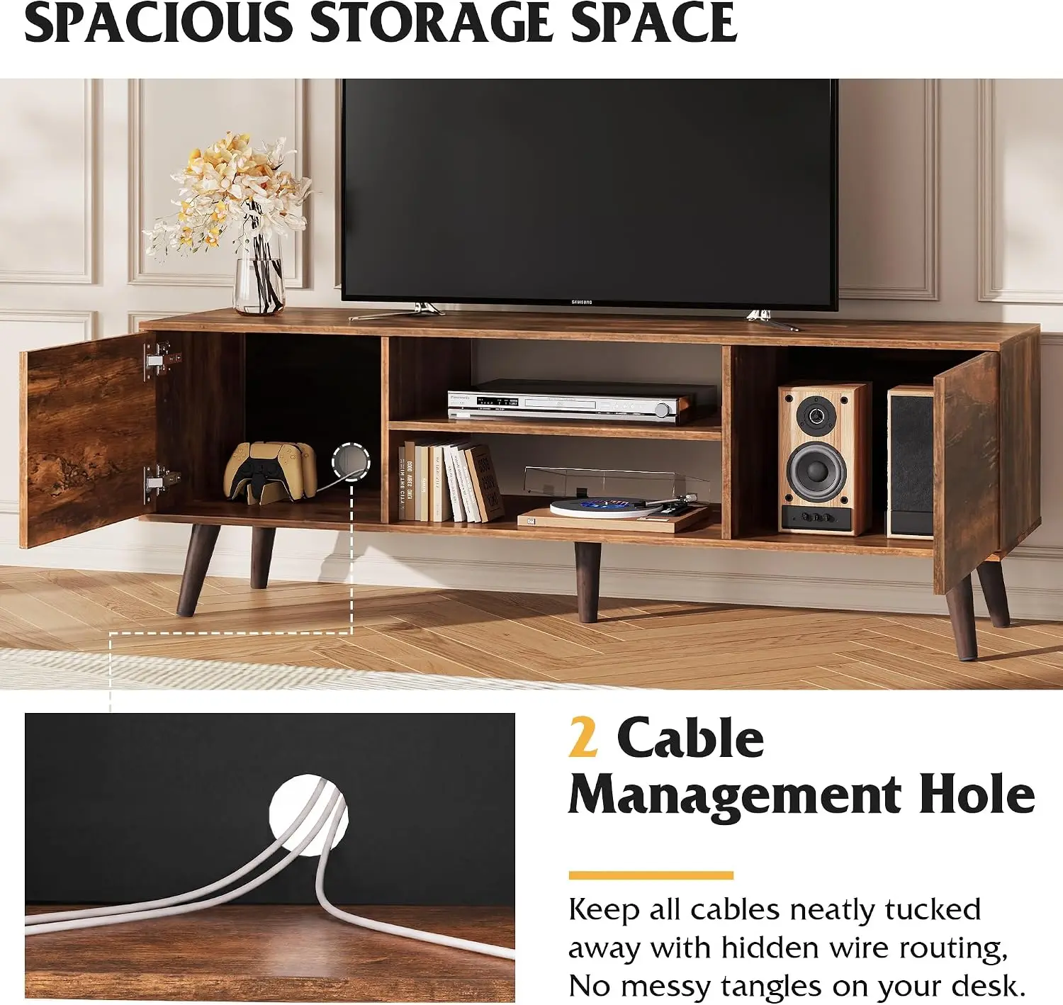 Mid-Century Modern TV Stand for 55-60 Inch TVs, Entertainment Center with 2 Cabinets, Adjustable Shelf & Soft-Close Hinges, Media Console Table view 6