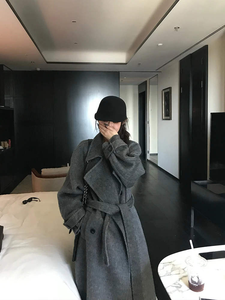 Lady Doppio Petto Yak Capelli Giacche di Lana da Donna 2025 Autunno E Inverno Più Caldo Allentato Lace-Up Lungo Cappotti di Lana da Donna