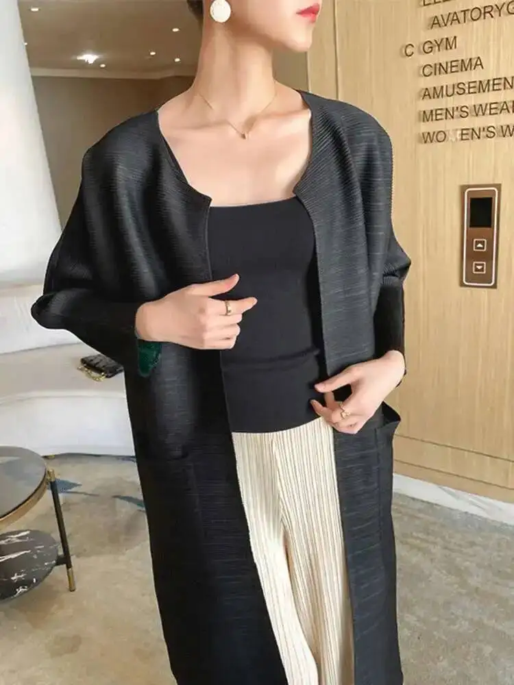 Color Women Solid Open Stitch Long Sleeve Trench Female Loose Fashion Pleated Windbreaker 2024 New Spring LLQ6