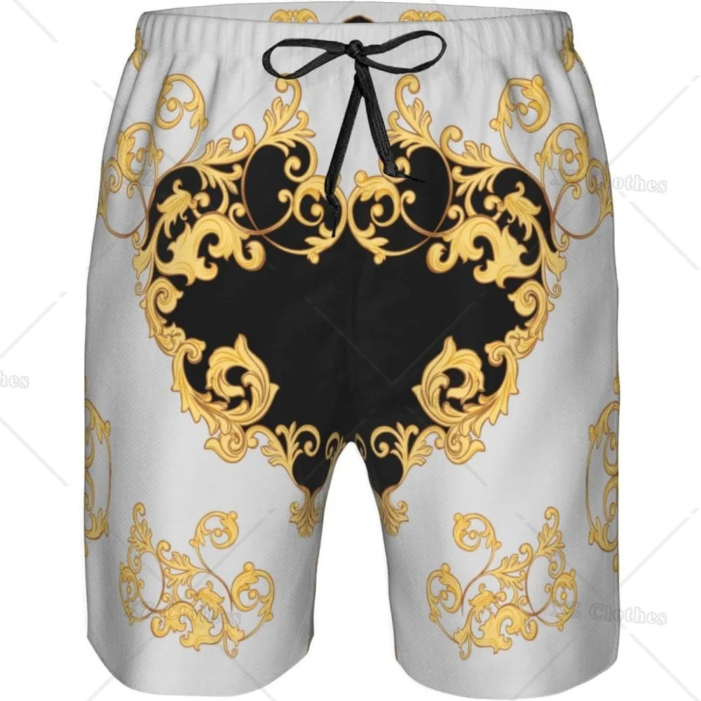 Black Heart and Gold Embroider Men's Beach Board Shorts Quick Dry Swim Trunks Swimsuit with Pockets and Mesh Lining for Party