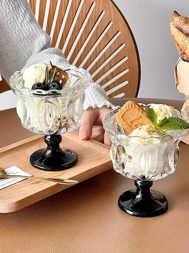 European Style Retro Embossed Tall Ice Cream Cups Glass Dessert Cups Cold Drinks Cups Pudding Mousse Cups High Appearance