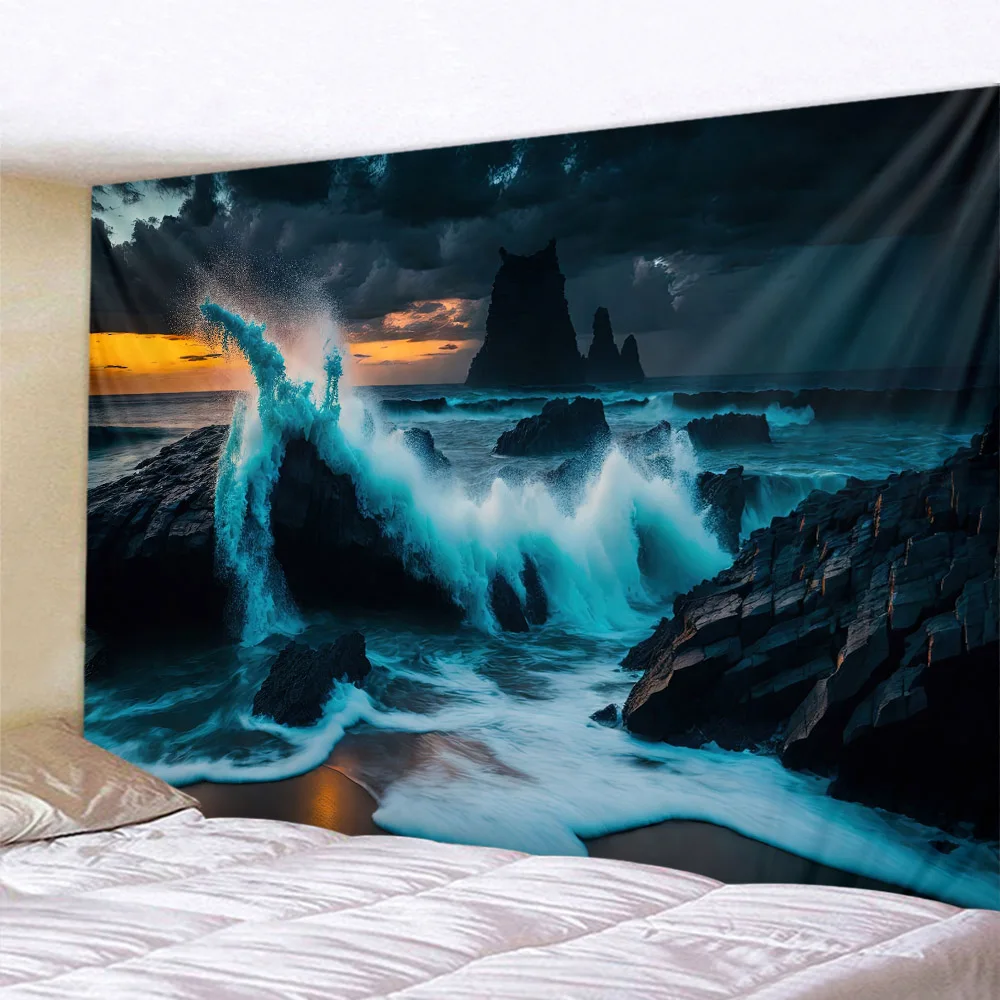 

Sea night scene tapestry wall hanging psychedelic hippie decoration background wall poster living room home art decoration
