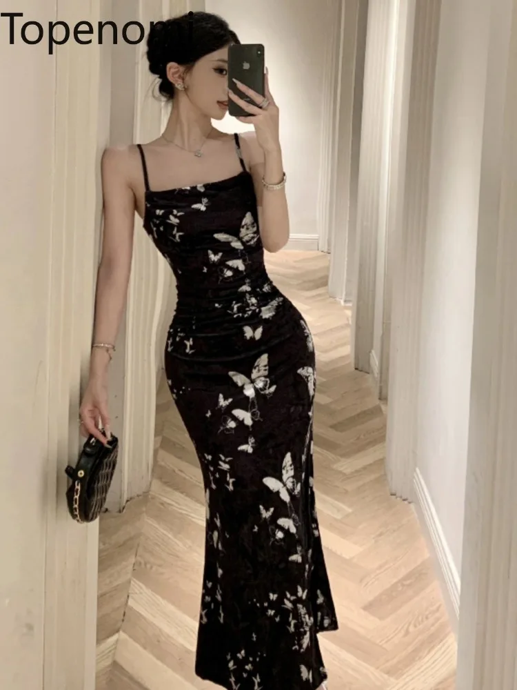 Topenomi Elegant Butterfly Print Sleeveless Evening Dresses Women French Retro Sexy High Waist Slim Long Velvet Party Dresses