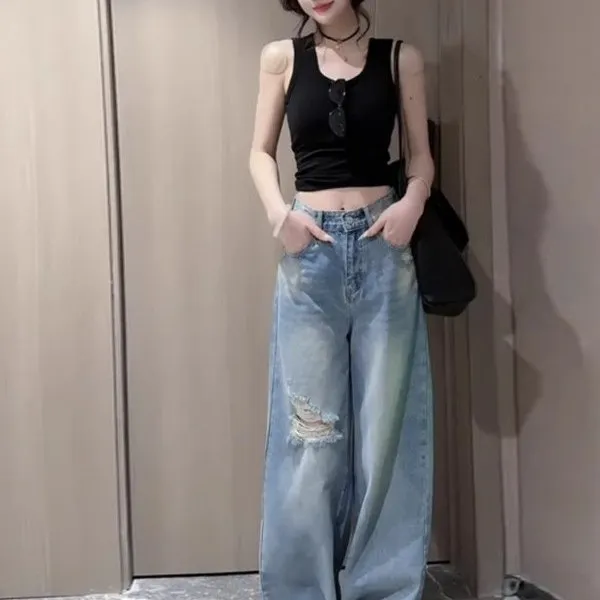 Jean rétro taille haute à jambes larges pour femmes, Design avec trou sens, Denim droit en coton extensible, résistant aux déchirures, coupe ample, printemps