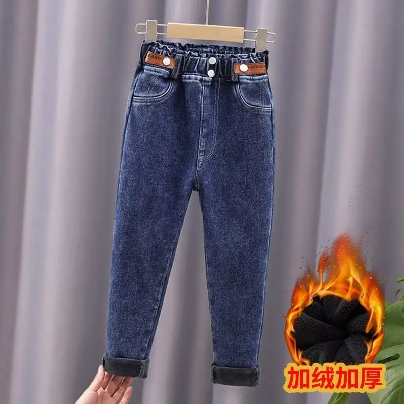 New Winter Thick Warm Fleece Girls Straight Jeans Boys High Waist Thicken Fashion Warm Denim Pants Cowboy Trouser
