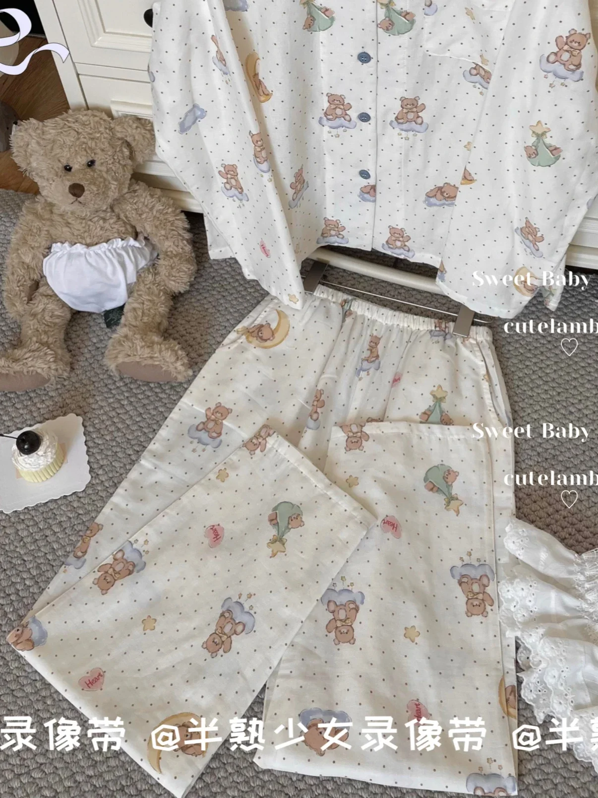 Frühling und Herbst Revers Baumwolle Pyjama weibliche niedlichen Cartoon Langarm Polka Dot Nachtwäsche zweiteilige Sets Home Kleidung