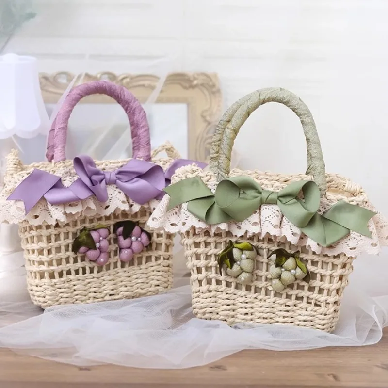 

Straw Knit Tote Bag Lolita Hand Bags for Woman Original Grape Bow Bolso Lace Sac Femme Sweet Teenage Girls Bolsos De Mujer