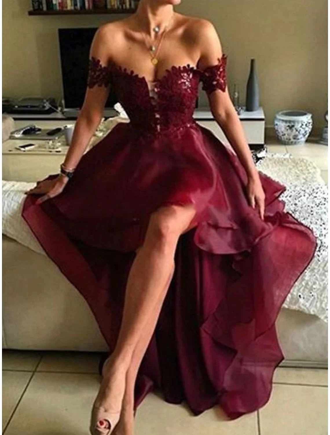 

Sleeveless Off Shoulder Woman Formal Wedding Guest Evening Prom Dresses Asymmetrical Ruffles Appliques 2023