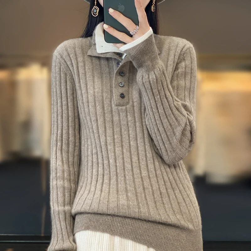 High Quality Women 100% Merino Wool Sweater Autumn Winter Casual Shirt Collar Pullover Thickened Warm Cashmere Knitwear Top