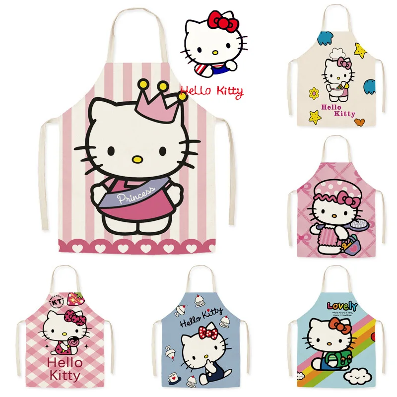 Waterproof Cartoon Hello Kitty Sleeveless Apron Cute Kitty Printed Oil Resistant Kitchen Supplies Cotton Linen Apron Easy Clean