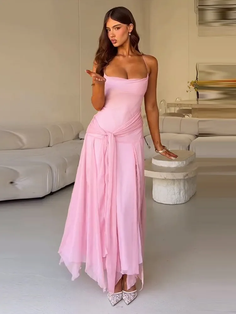 Asymmetrisches Langes Schnürkleid für Damen Sexy Spaghetti-Träger Ärmellos Rückenfrei Hoher Schlitz Schlankes Party-Abendkleid Neues Vestido – Detail 12