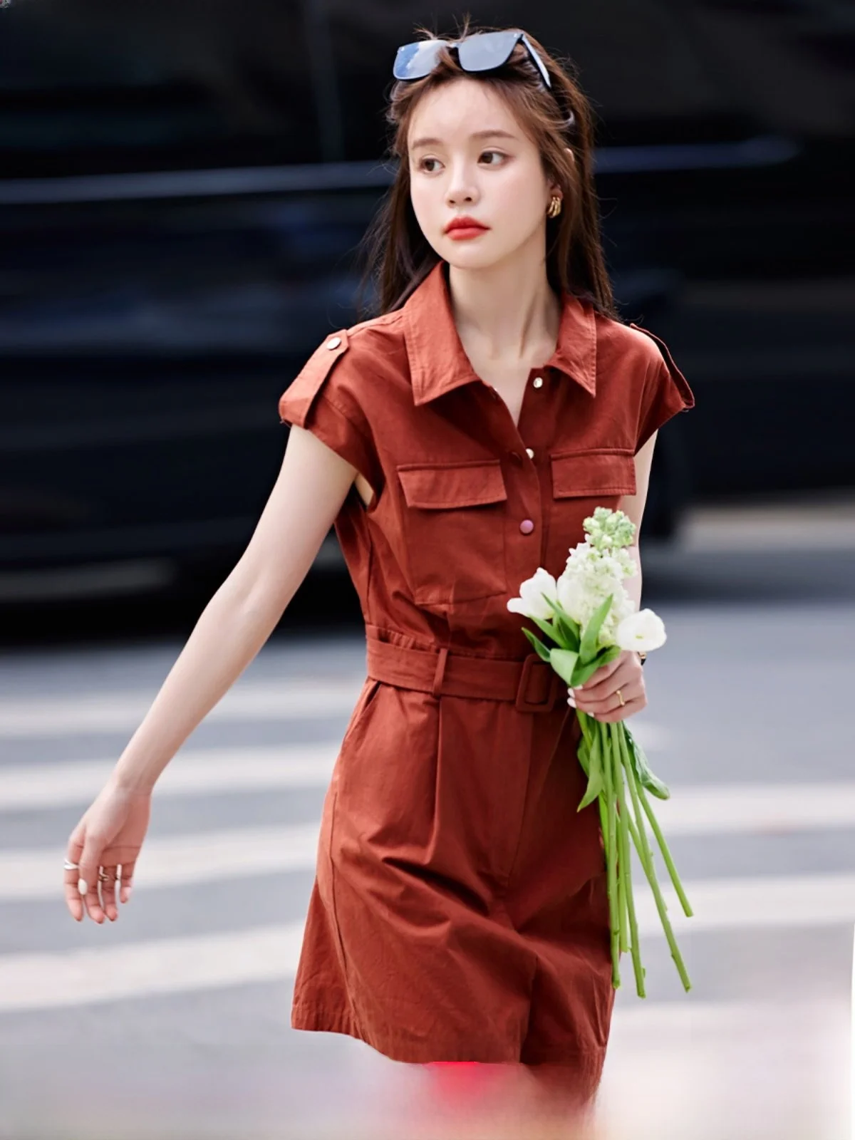 Mo Han  Mei Street Sle Slimming Workwear Inspired Svel One-Piece Summer New Arrival High Waist Cotton Blend