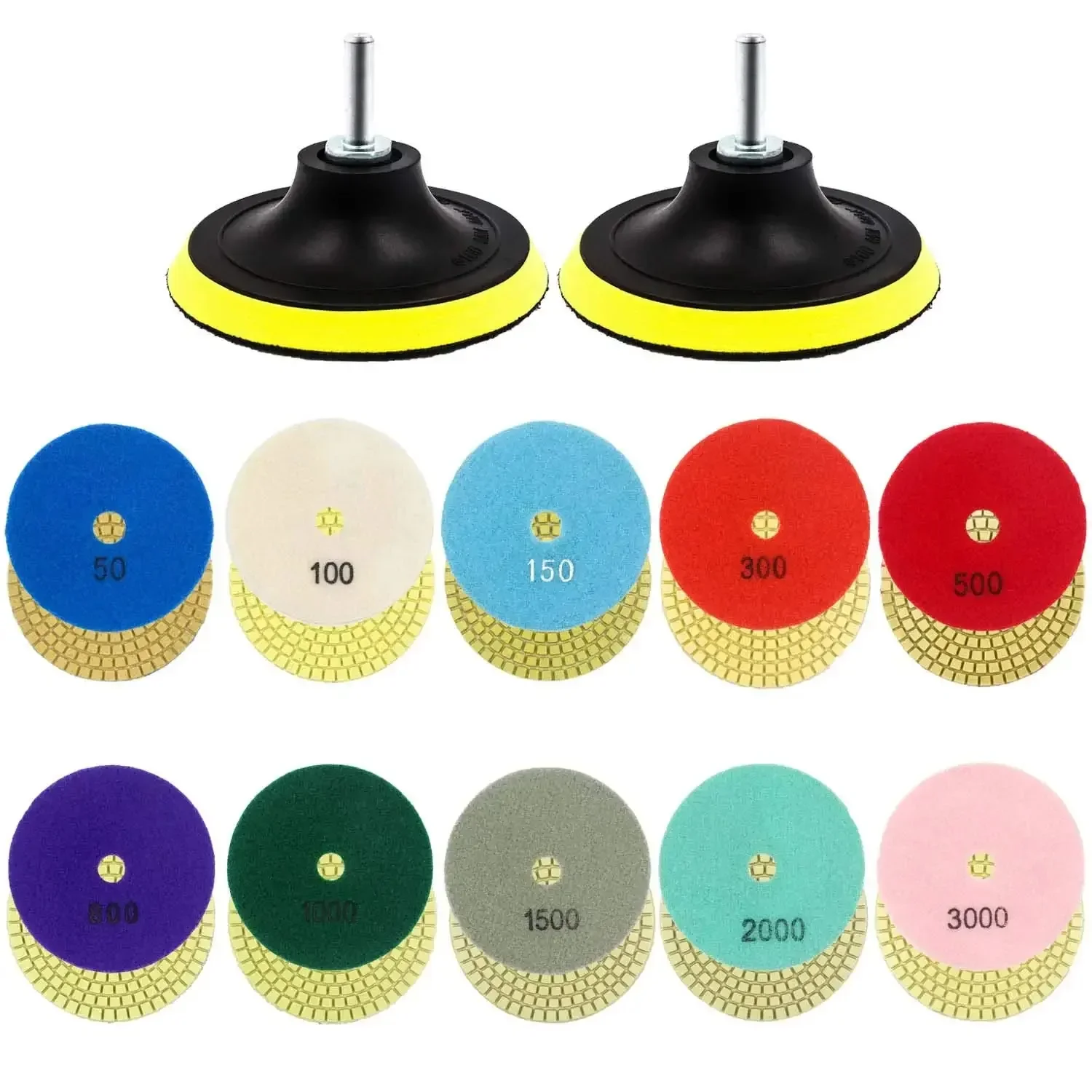 

3 Inch Diamond Polishing Pads Set Wet/Dry 10Pcs 50-3000 Grit with 2Pcs Hook Loop Sanding Pad for Granite Stone Grinder Polisher