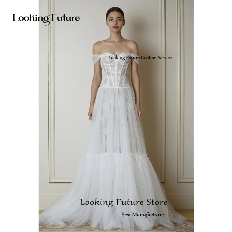 Luxury A-Line Tulle White Wedding Dress Lace Appliques Sexy Backless Off The Shoulder Wedding Gown Strapless Sweep Train 2024