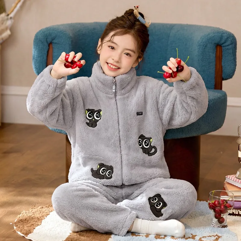 2pcs Coral Fleece Pajamas Set for Girls Autumn Winter Warm Cartoon Loungewear Zipper Stand Collar Kids Flannel Sleepwear