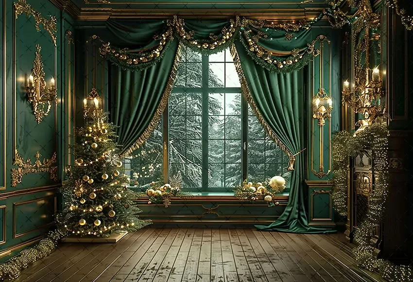 Mehofond Photography Background Green Christmas Windows Gifts Snowy Xmas Tree Kids Family Portrait Decor Backdrop Photo Studio