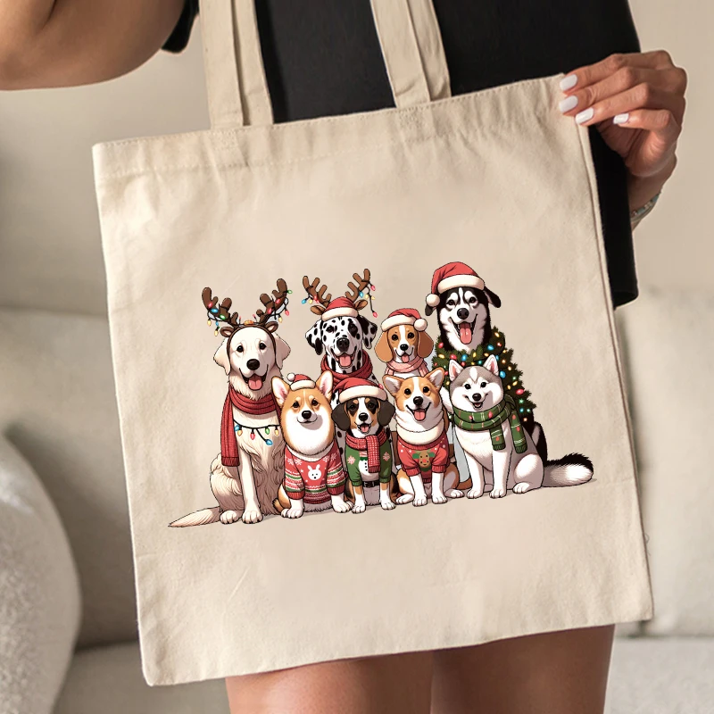 Christmas Dogs Pattern Tote Bag Canvas Shoulder Bag Women\'s Reusable Shopping Bags Best Gift for Xmas Dog Lover Christmas Gift