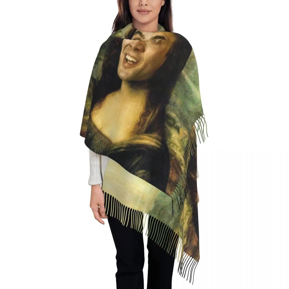 

Nicolas Cage Mona Lisa Funny Meme Tassel Scarf Women Soft Shawls Wraps Lady Winter Scarves