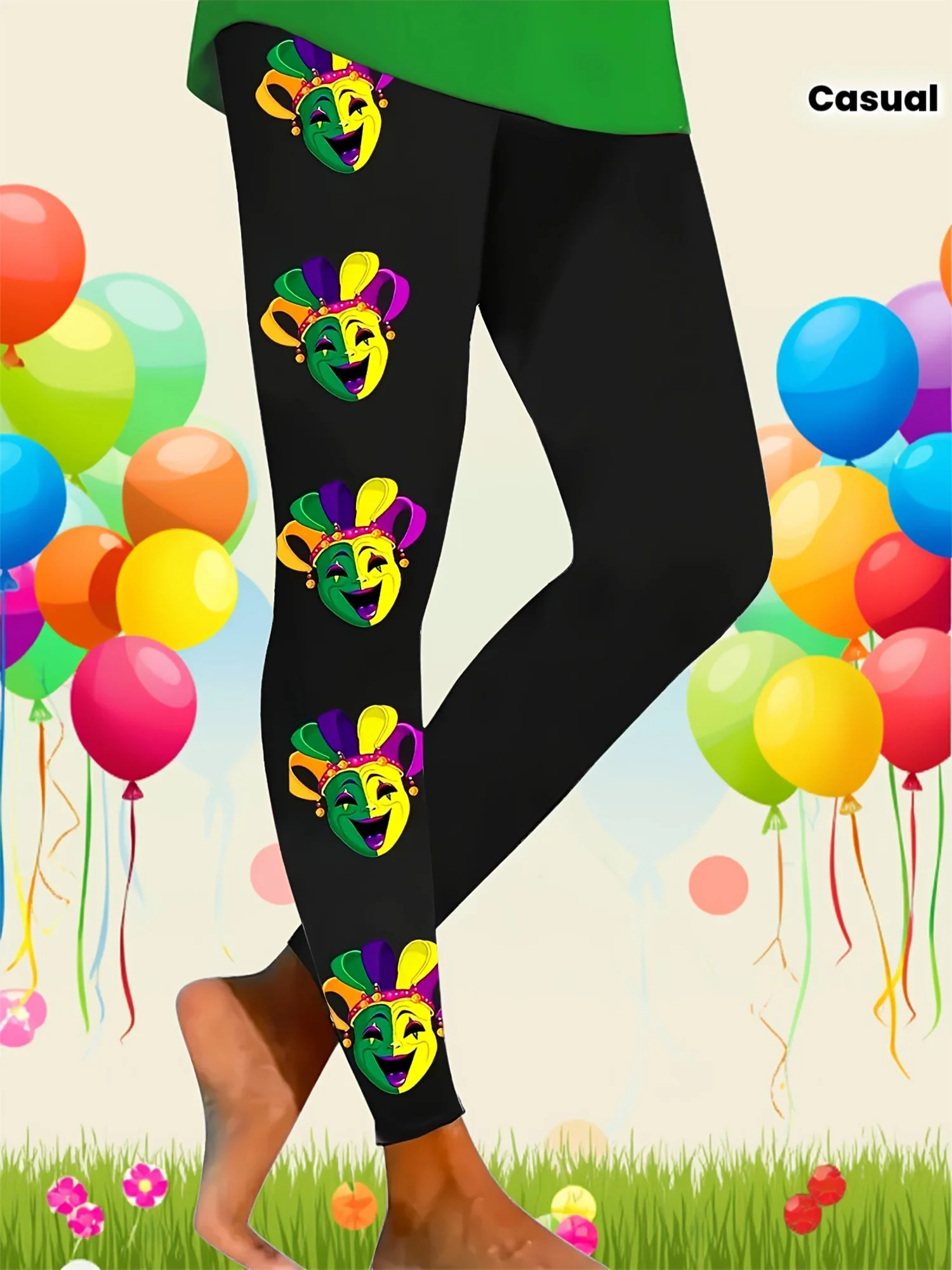 Women Mid‑Rise Fleece Lined Leggings Mardi Gras Joker Mask Print Warm Elastic Festival Casual Long Pants