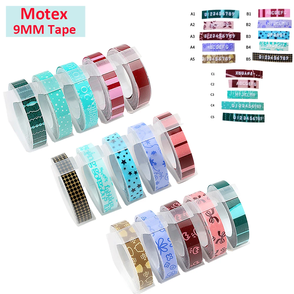 5Rolls DIY Motex 3D Embossing Label Tape 9mm Refill Tapes for Dymo 1880 12965 Ribbon Printer Typewriter MOTEX E101 Label Maker