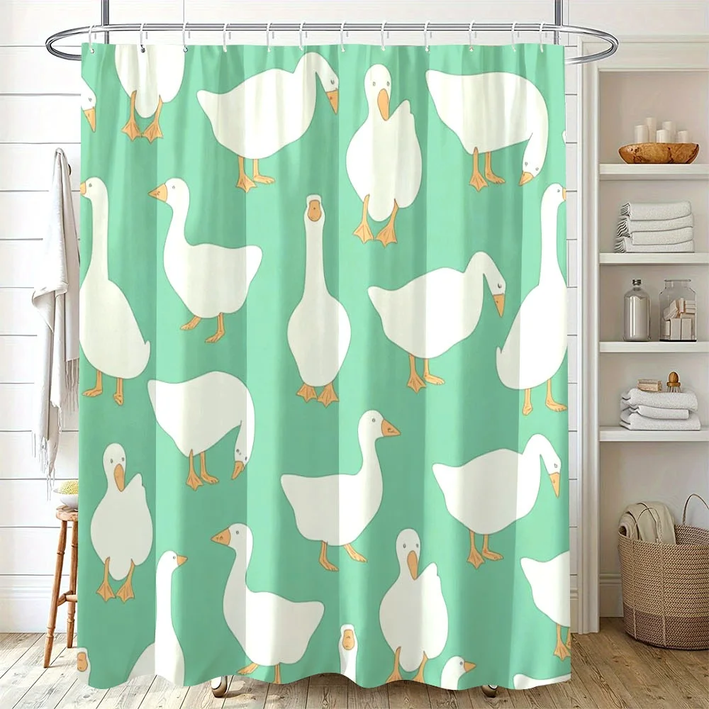 

White Geese Shower Curtain – 71×71", Light Green Polyester, Whimsical Random Layout, 12 Hooks, Playful Bathroom Decor
