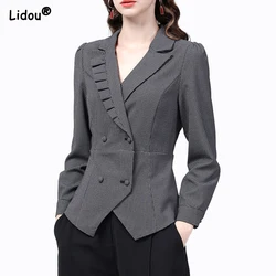 Women's Spring Autumn Korean New Suit Collar Plaid Shirts Commuting Fashion Design Fungus Edge Button Casual Long Sleeved Coat