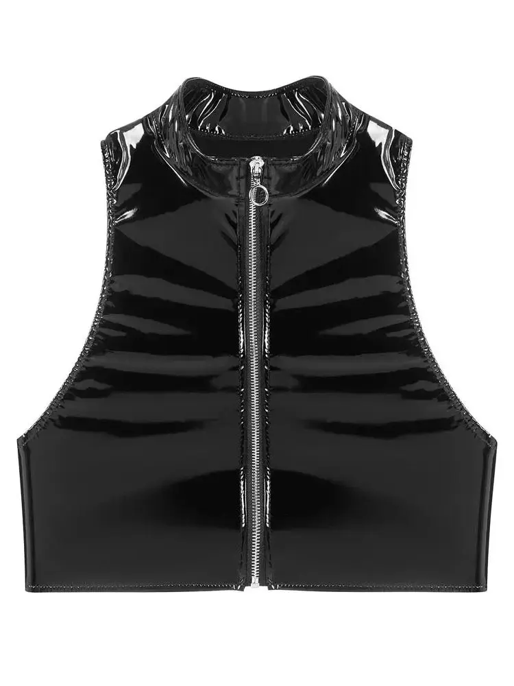 S-3XL Wet Look PVC Bustier Tank Top Shiny PU Leather Crop Tops Sleeveless Zipper Vest Camis Tights Sexy Clubwear Croptop Cropped