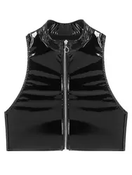 S-3XL Wet Look PVC Tank Top Shiny PU Leather Crop Tops Sleeveless Front Zipper Shirt Vest Camis Tights Hot Sexy Cosplay Clubwear