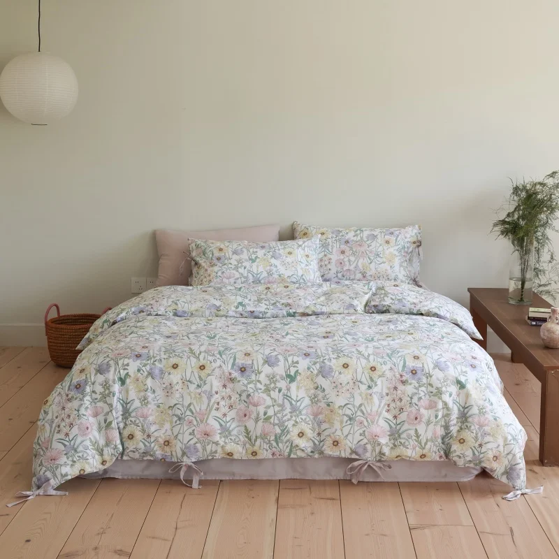 Korean Style Floral 100% Cotton Bedding Set, Vintage Floral Botanical Print Duvet Cover with Ribbon Ties, Bed Sheet Pillowcases